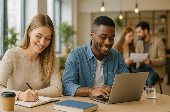Studenter som kombinerar studier och arbete i en modern och ljus arbetsmiljö.
